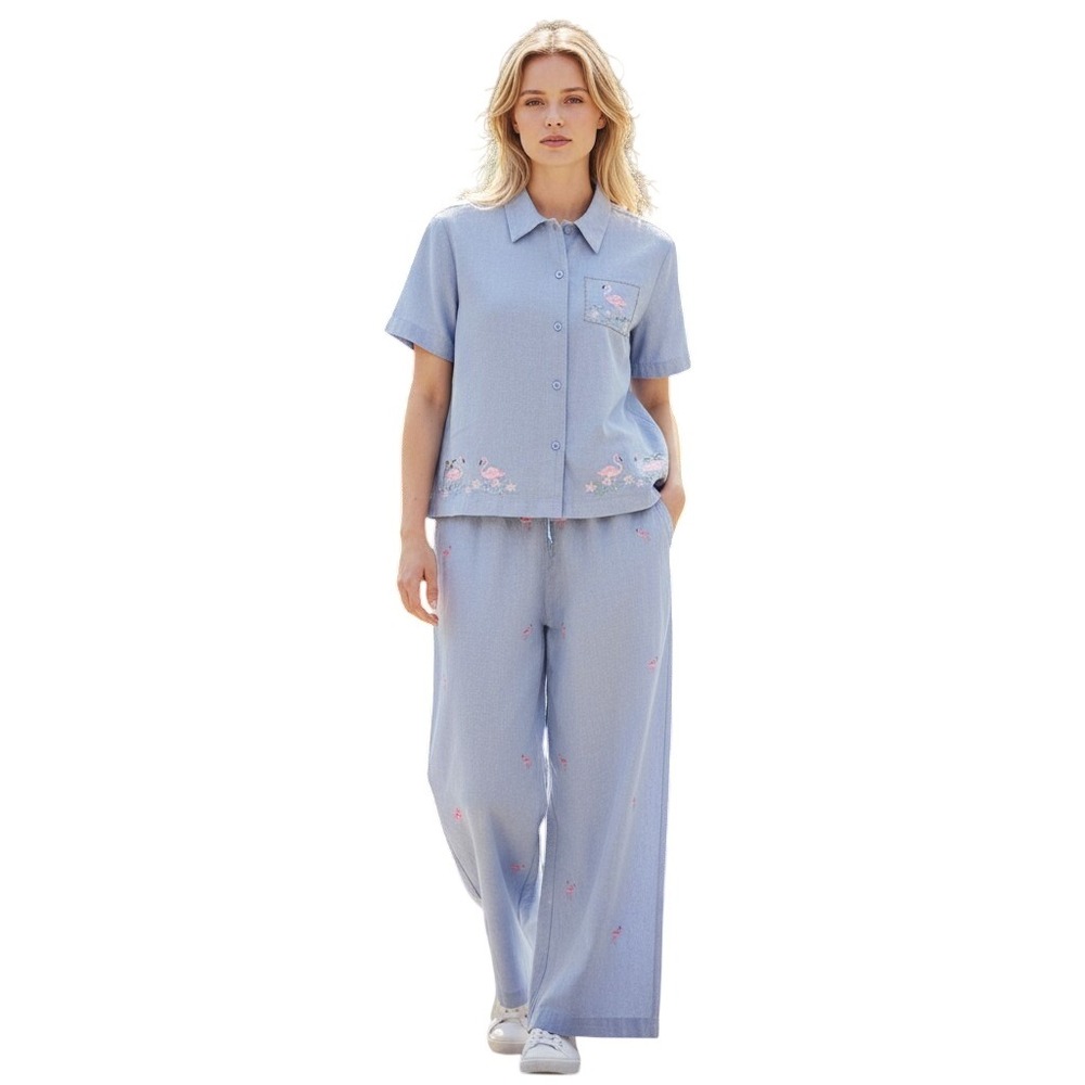 Jane Ashley Blue Cotton Flamingo Chambray Set Top Pants PL Embroidery Sequin